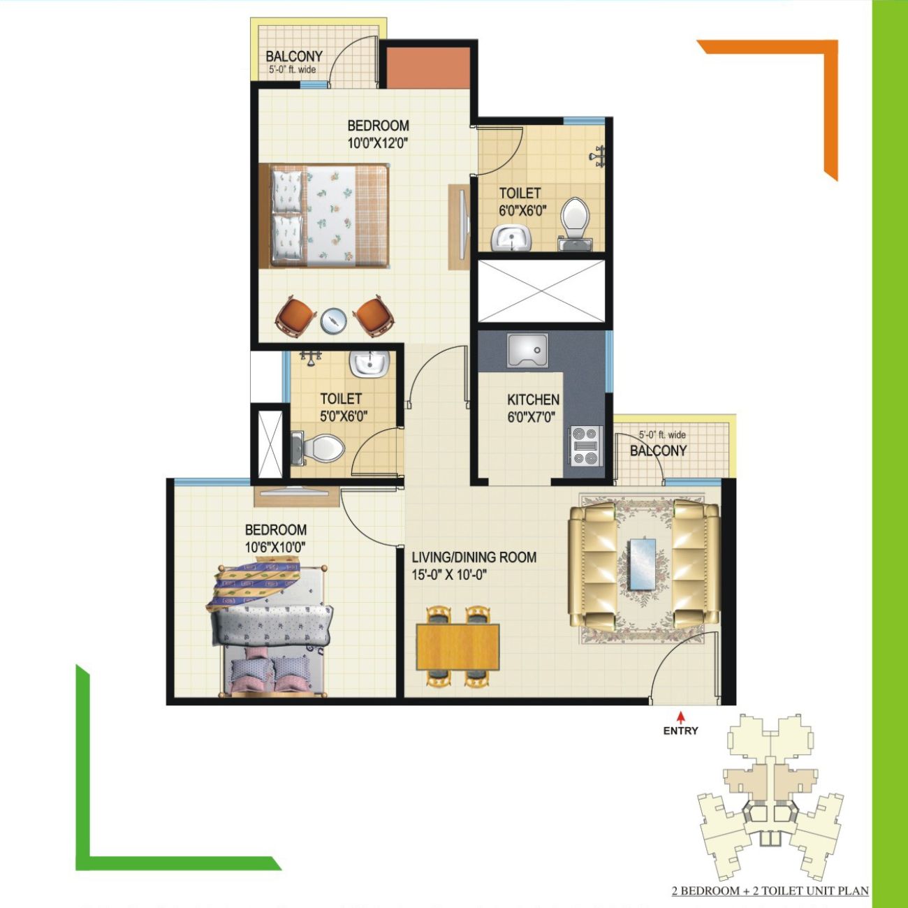 2 BHK+2 Toilet 805 sq ft