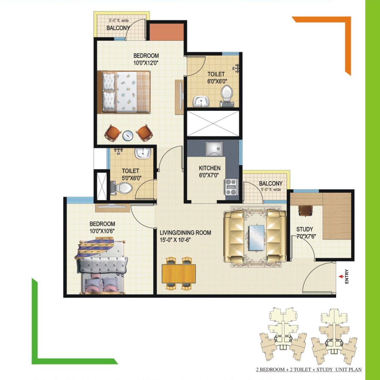 2 BHK+2 Toilet + Study 920 sq ft