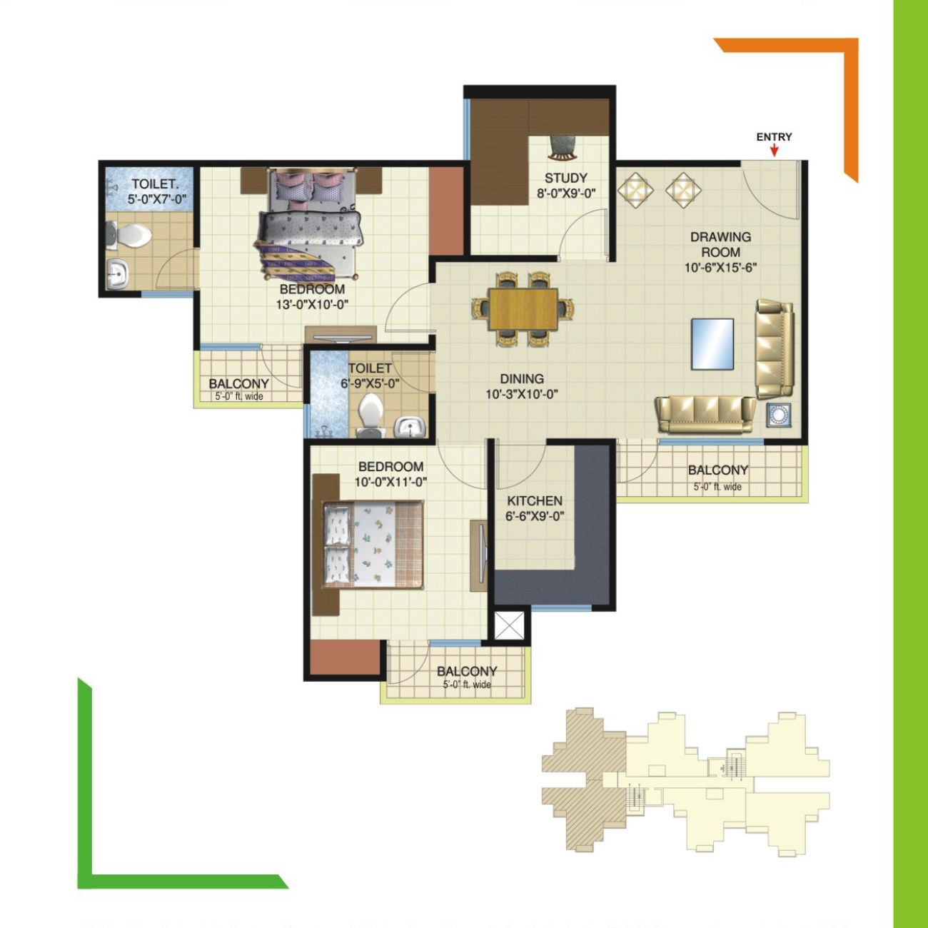 2 BHK+2 Toilet+Study 1215 sq ft