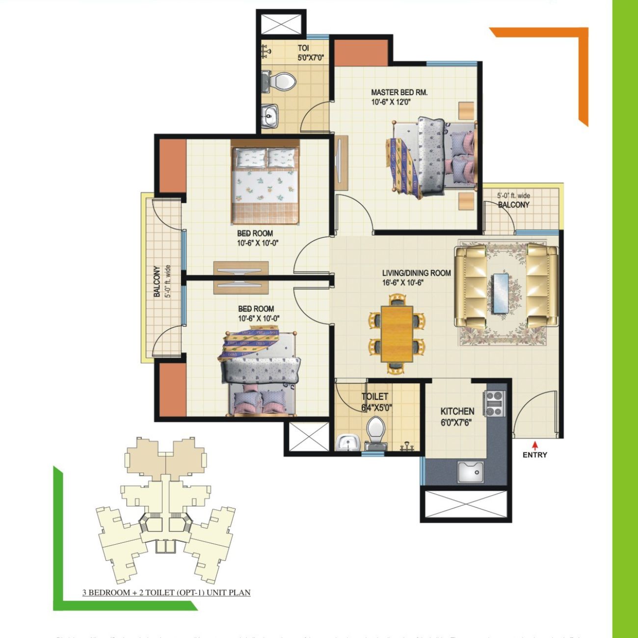 3 BHK+2 Toilet 1045 sq ft