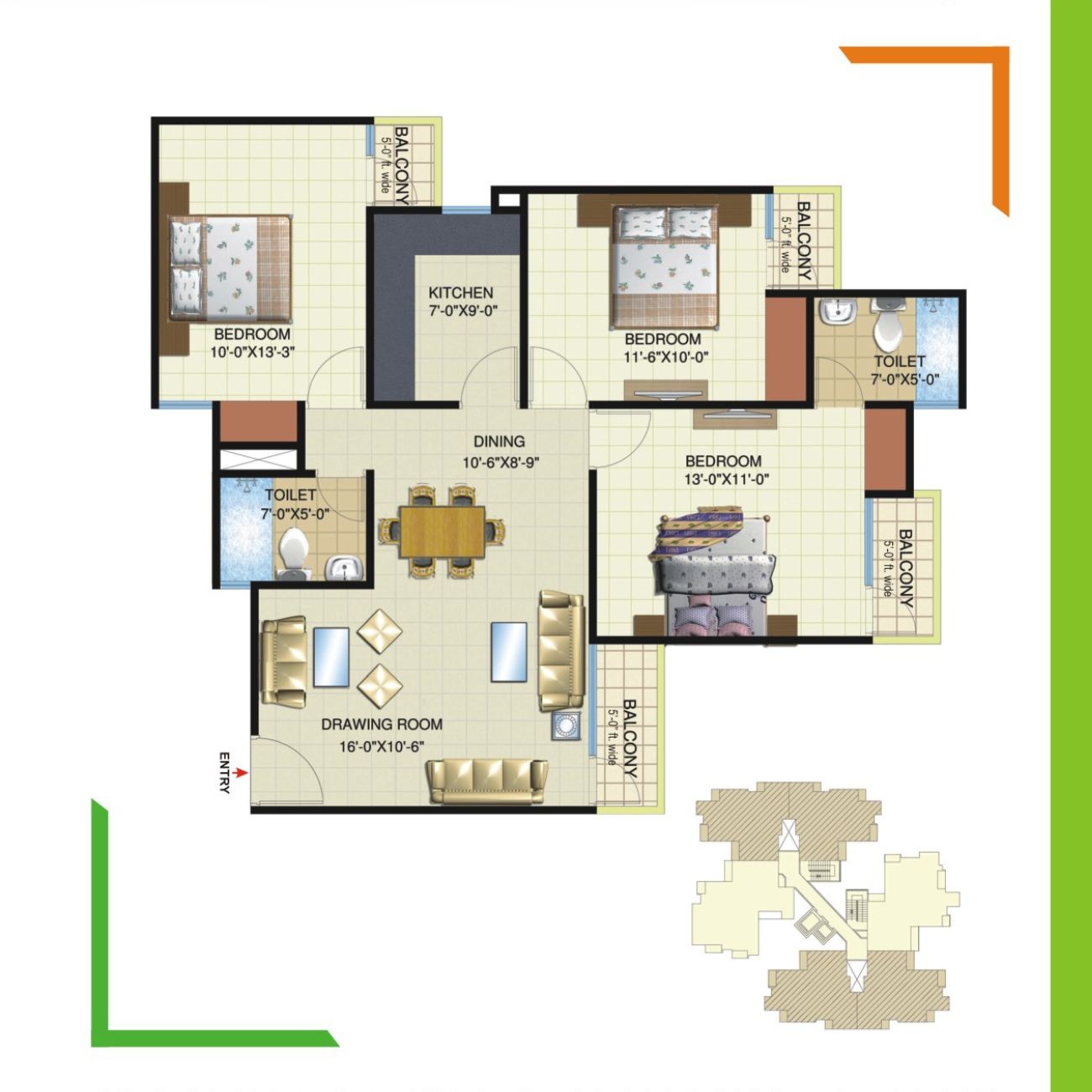 3 BHK+2 Toilet 1360 sq ft