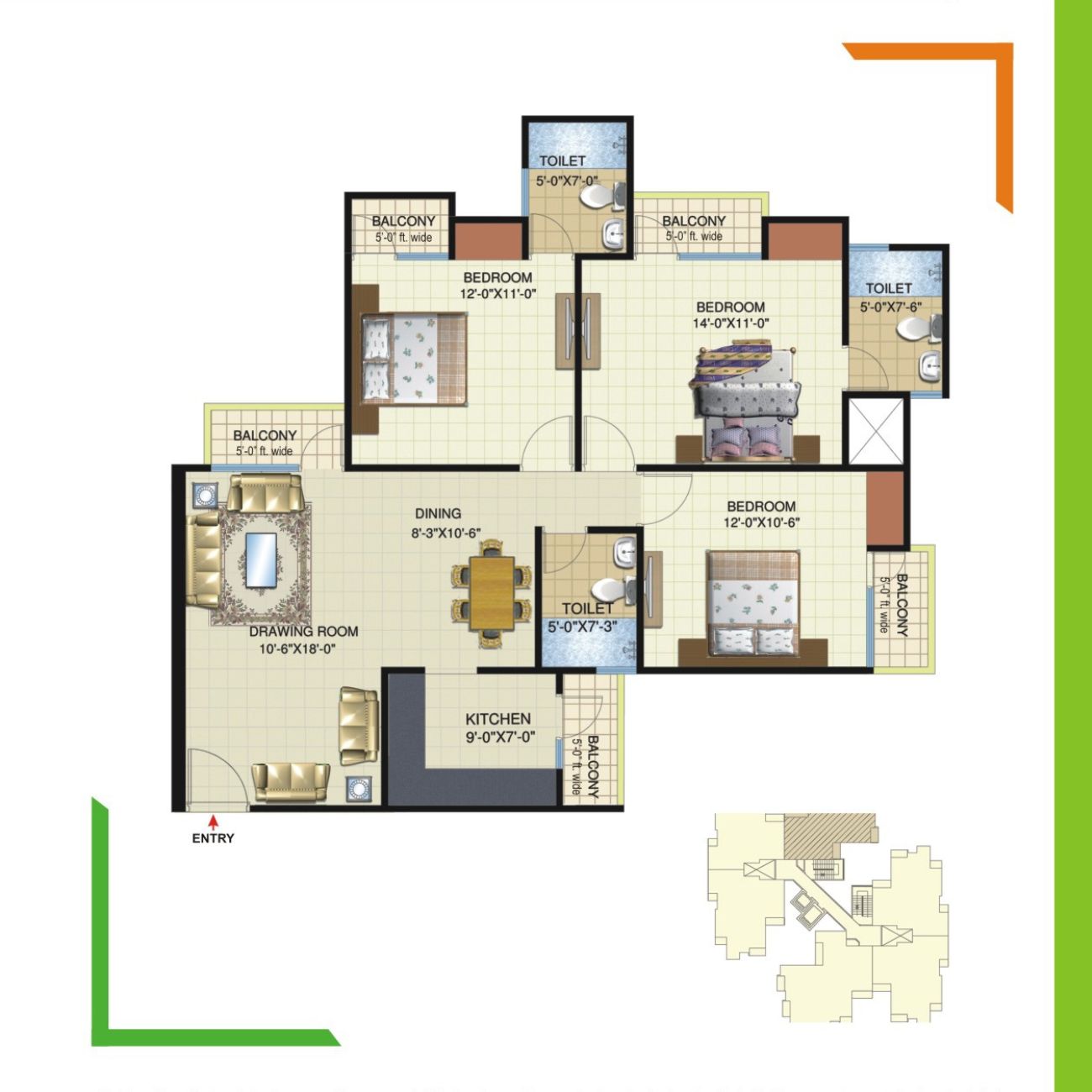 3 BHK+3 Toilet 1530 sq ft
