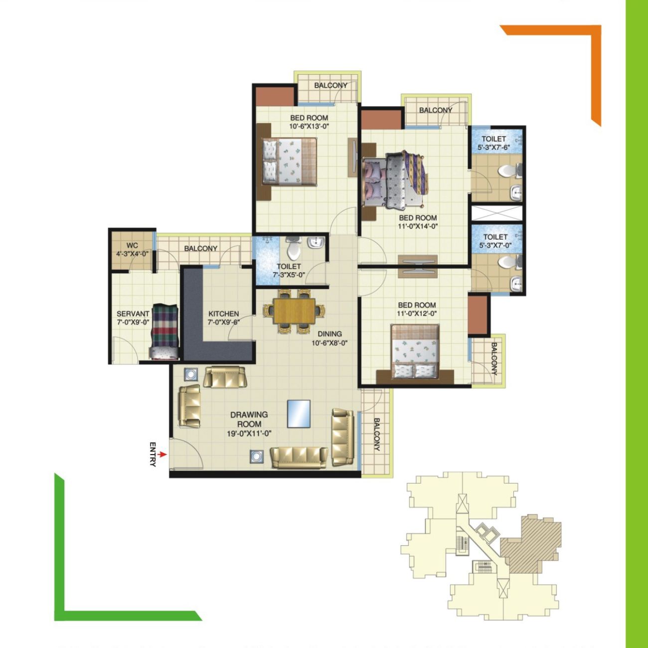 3 BHK+3 Toilet + Servent 1715 sq ft