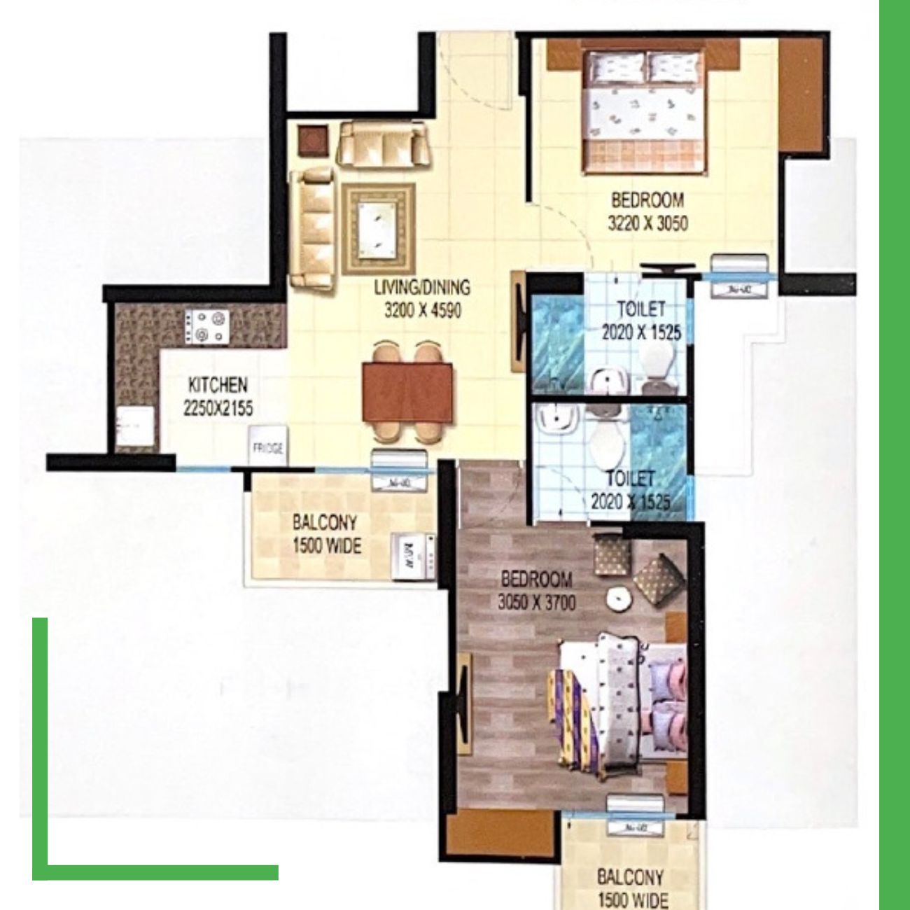 2 BHK+2 Toilet 850 sq ft