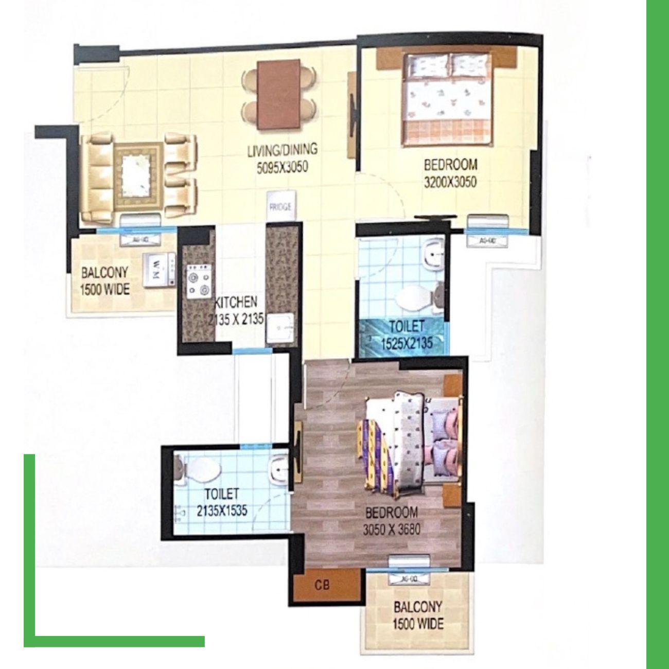 2 BHK+2 Toilet 850 sq ft