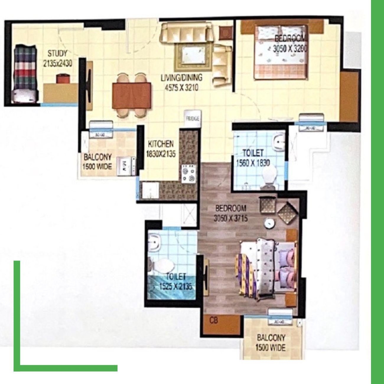 2 BHK+2 Toilet+Study 900 sq ft