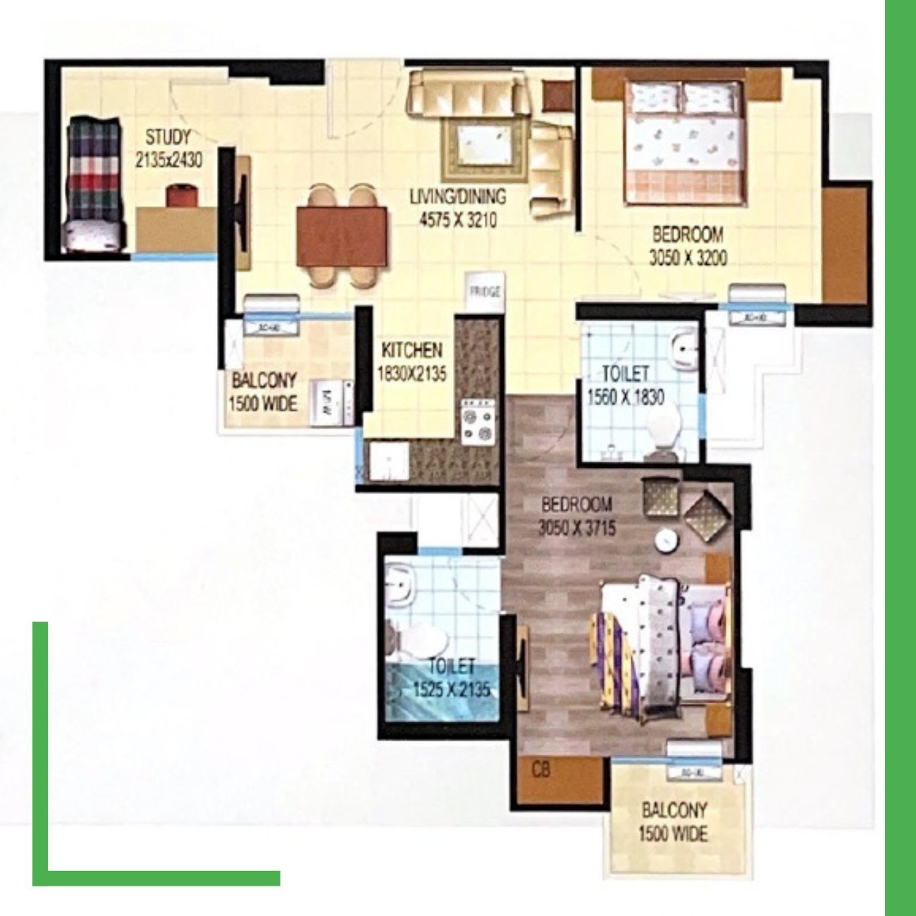 2 BHK+2 Toilet+Study 900 sq ft