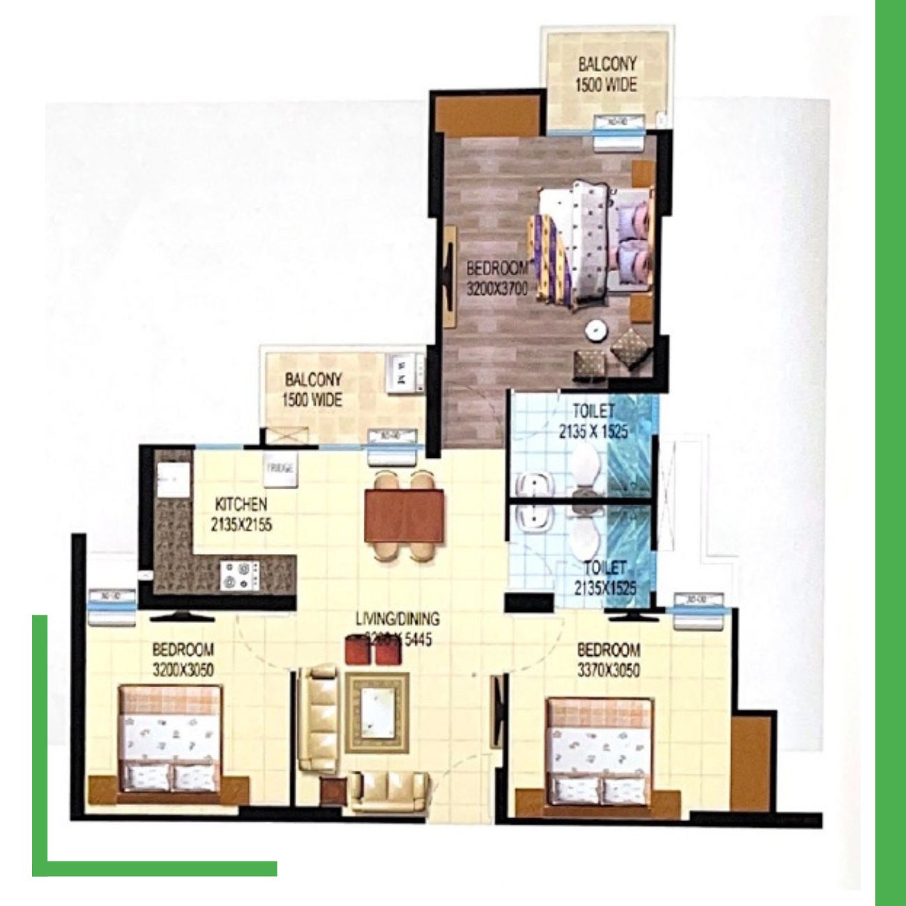 3 BHK+2 Toilet 1050 sq ft
