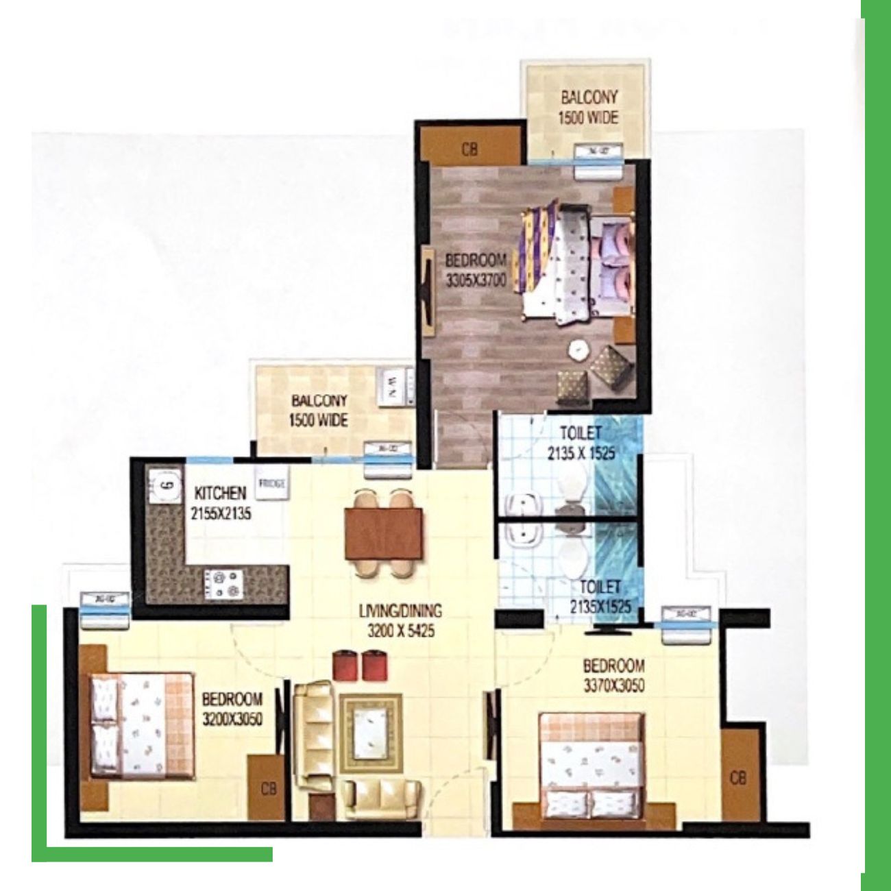 3 BHK+2 Toilet 1050 sq ft