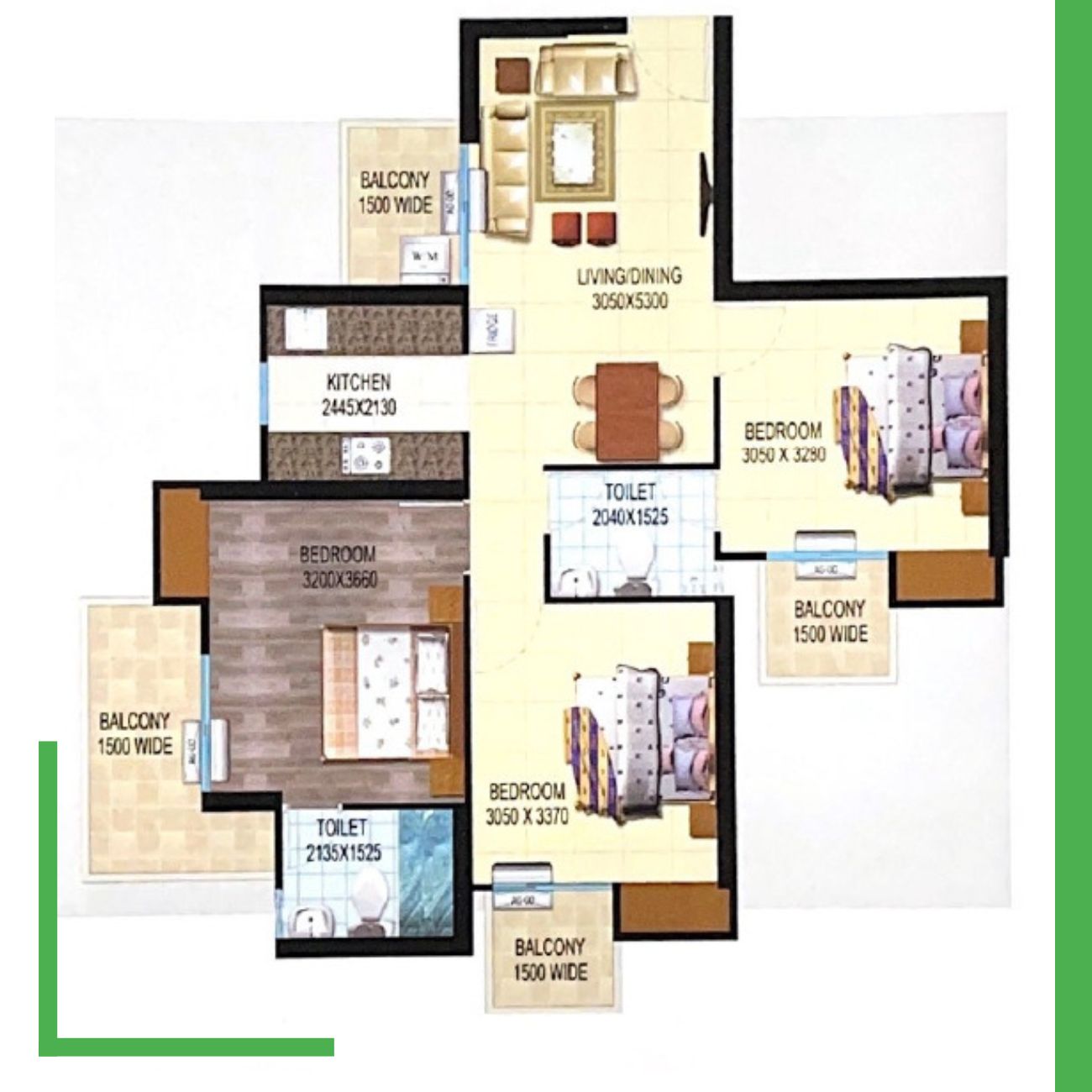 3 BHK+2 Toilet 1150 sq ft